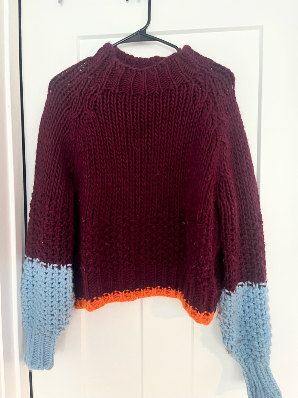 Anthropologie Burgundy Crewneck Sweater with Light Blue Sleeves & Orange Trim